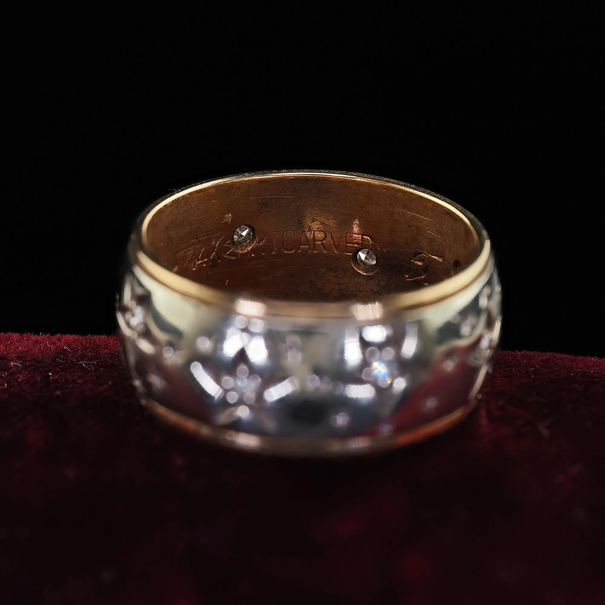 Vintage Retro Art Carved 14K Two Tone Diamond Star Set Wide Wedding Band Size 7