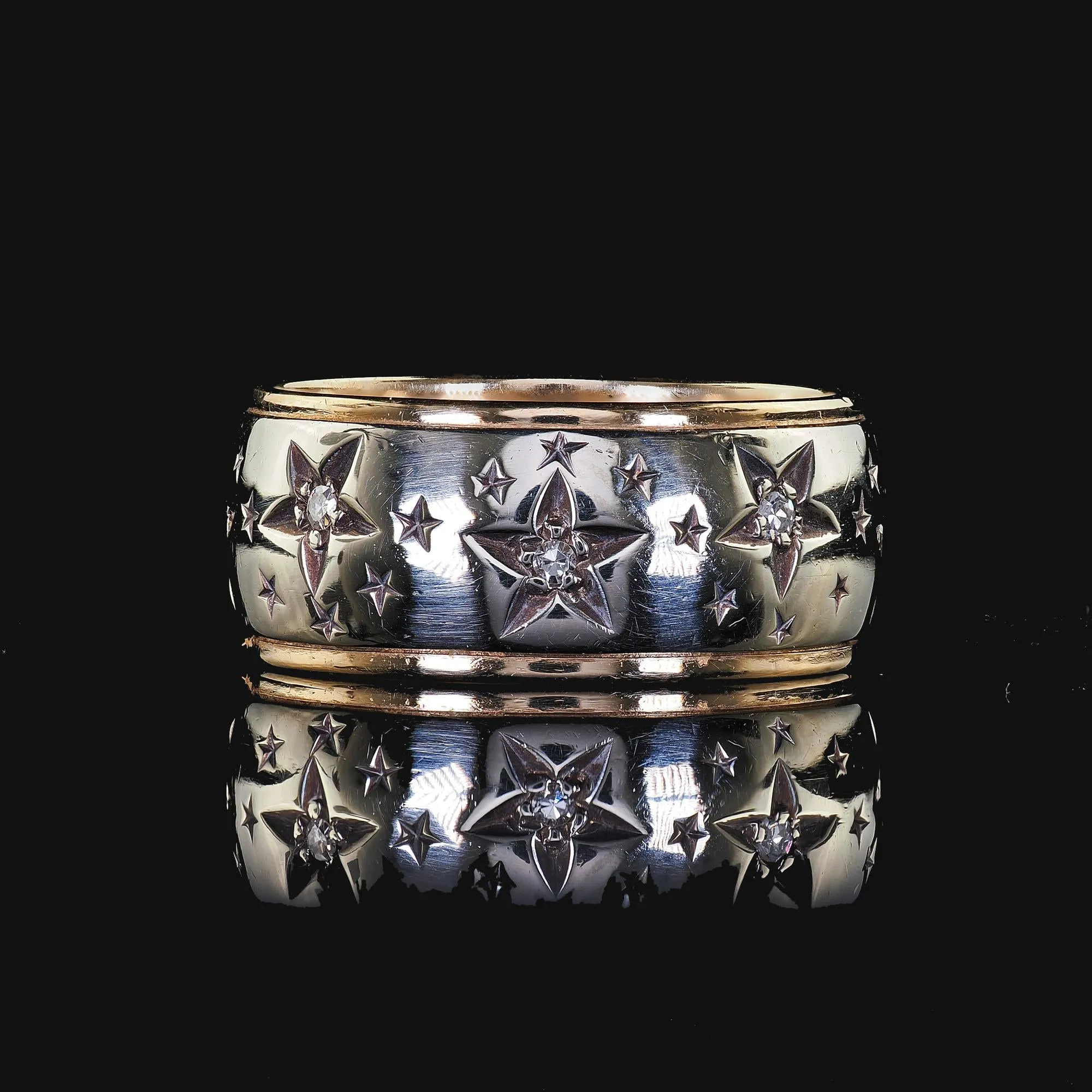 Vintage Retro Art Carved 14K Two Tone Diamond Star Set Wide Wedding Band Size 7