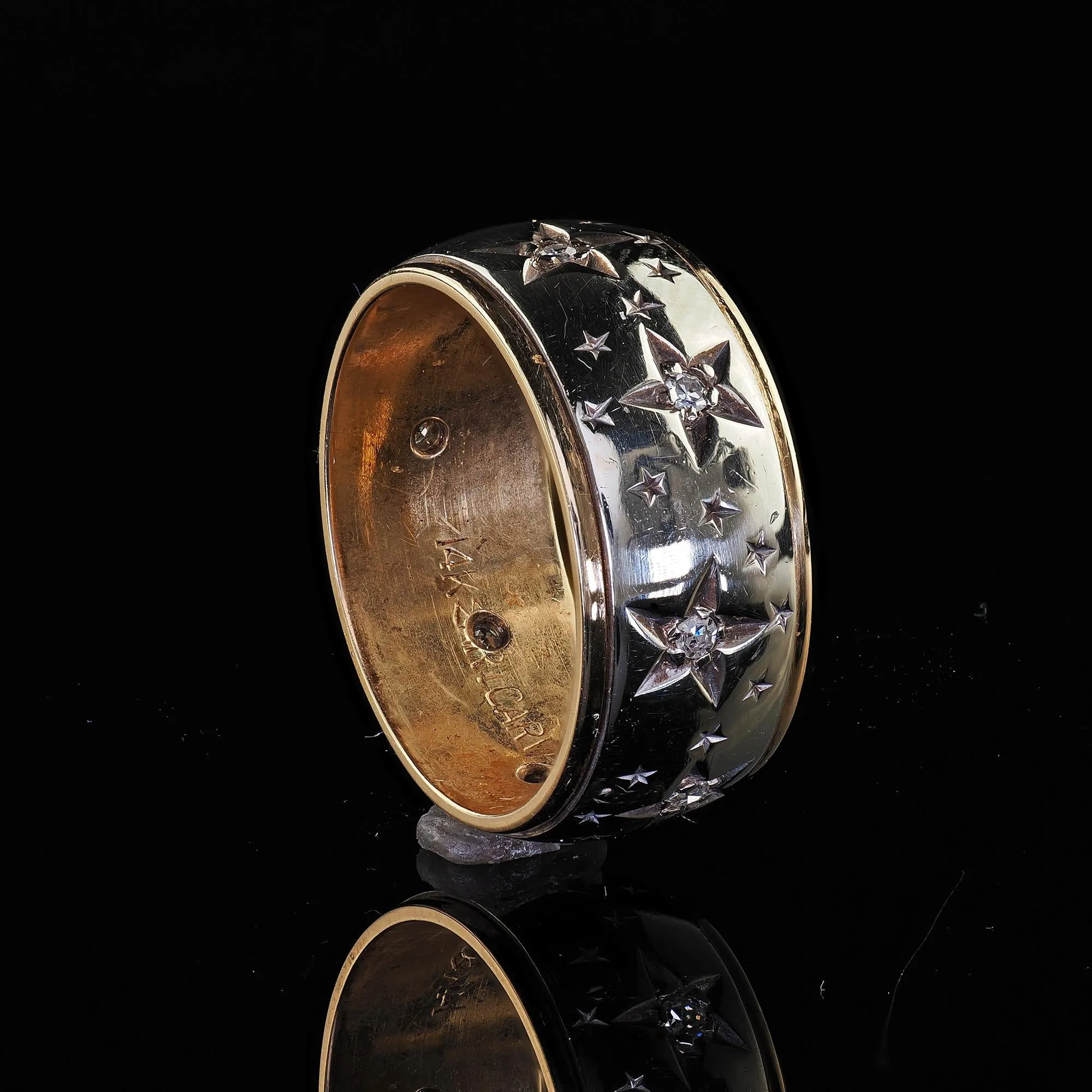 Vintage Retro Art Carved 14K Two Tone Diamond Star Set Wide Wedding Band Size 7