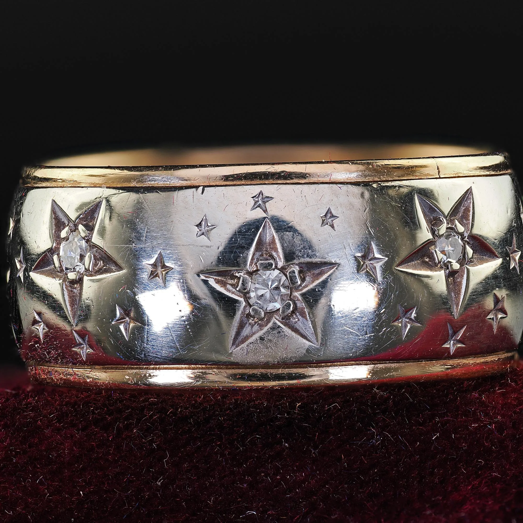 Vintage Retro Art Carved 14K Two Tone Diamond Star Set Wide Wedding Band Size 7
