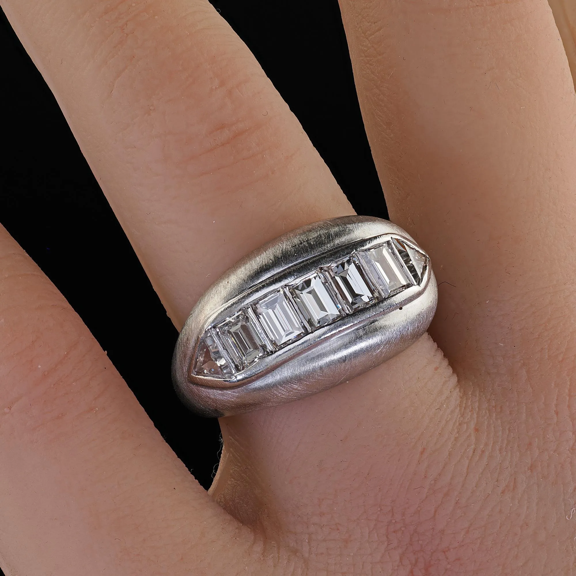 Vintage Retro Platinum Emerald and Trillion Cut Diamond Wide Cocktail Ring
