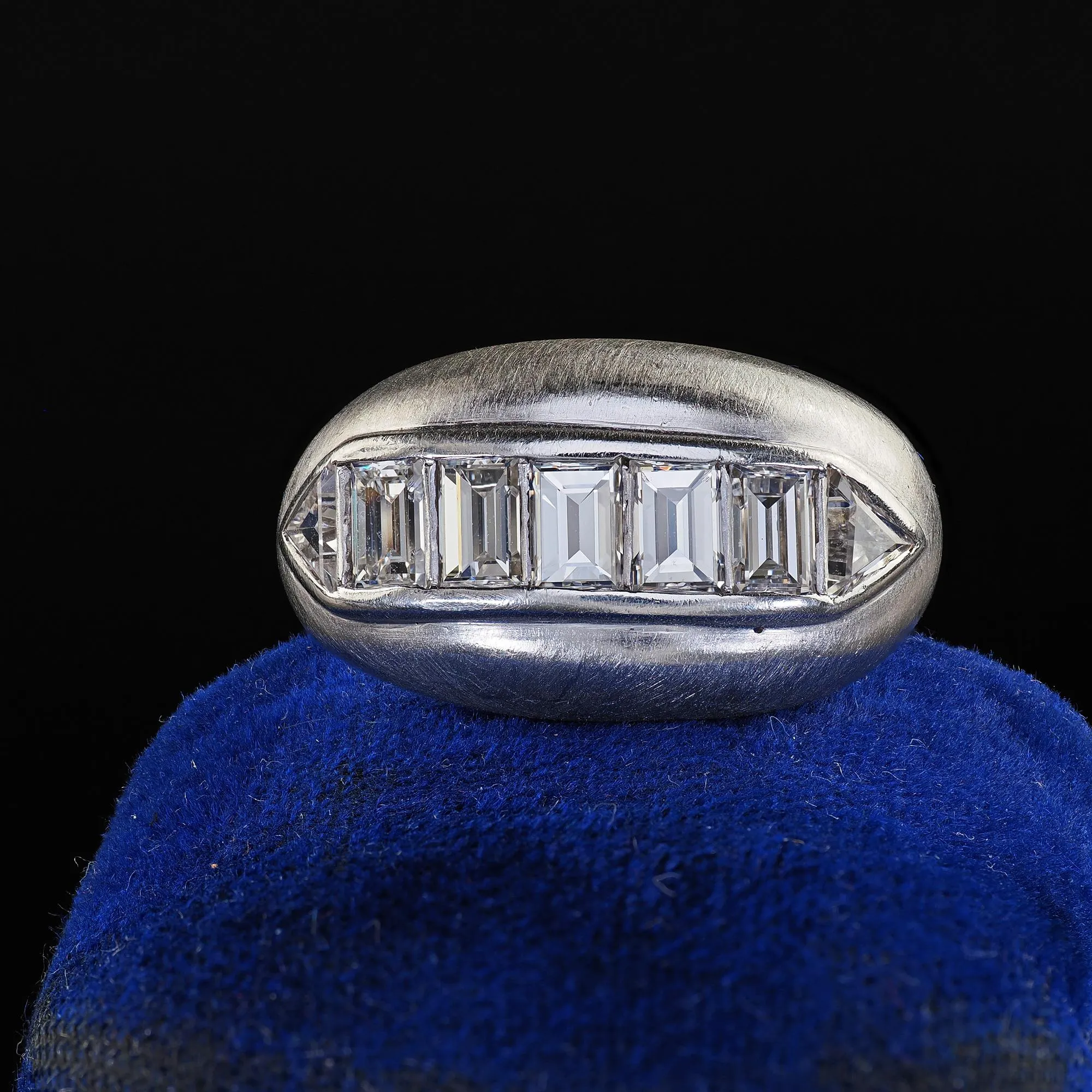 Vintage Retro Platinum Emerald and Trillion Cut Diamond Wide Cocktail Ring