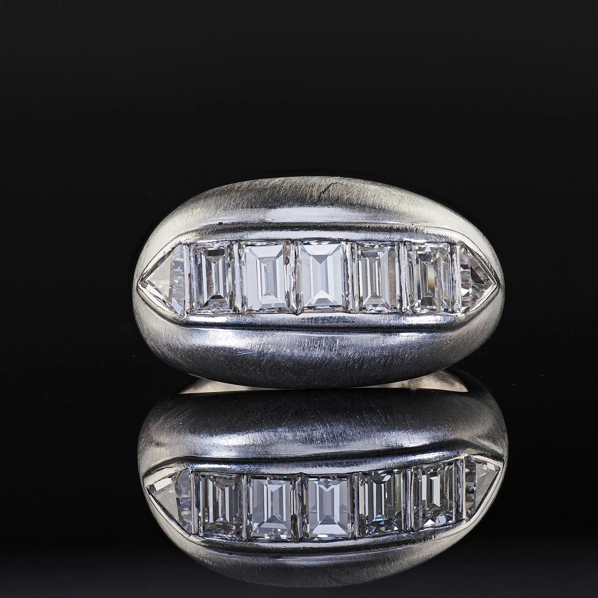 Vintage Retro Platinum Emerald and Trillion Cut Diamond Wide Cocktail Ring