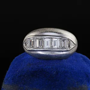 Vintage Retro Platinum Emerald and Trillion Cut Diamond Wide Cocktail Ring