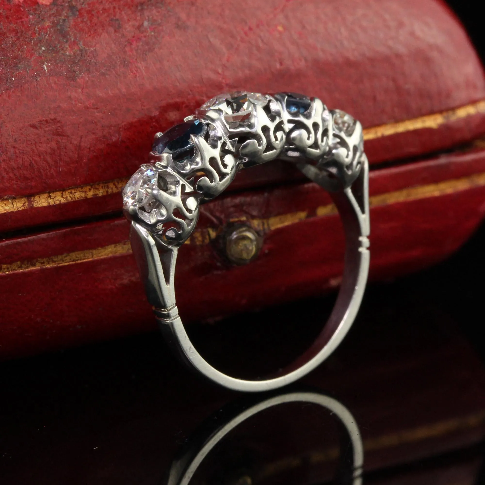 Vintage Retro Platinum Old Euro Diamond and Sapphire Five Stone Ring - GIA