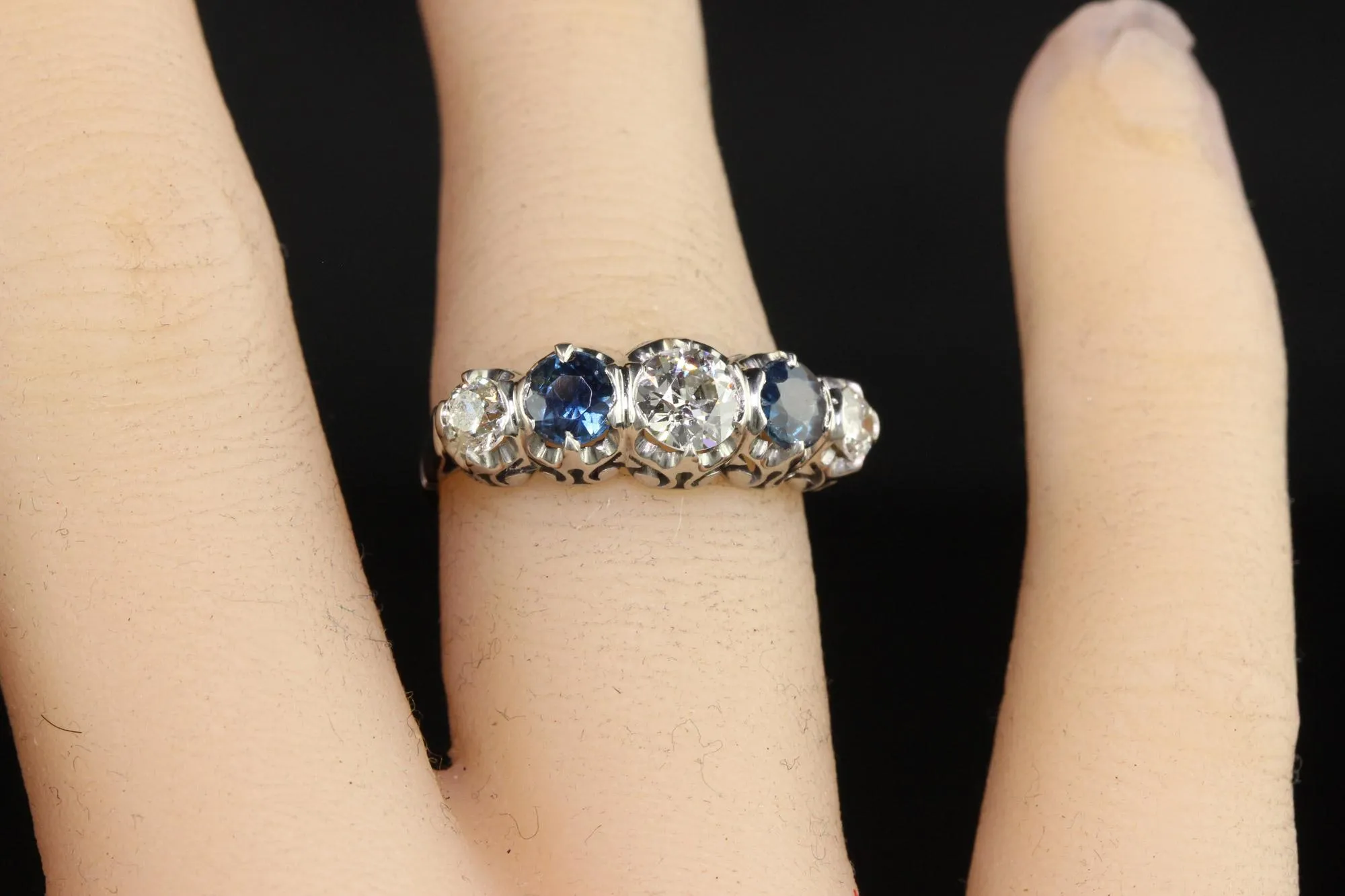 Vintage Retro Platinum Old Euro Diamond and Sapphire Five Stone Ring - GIA