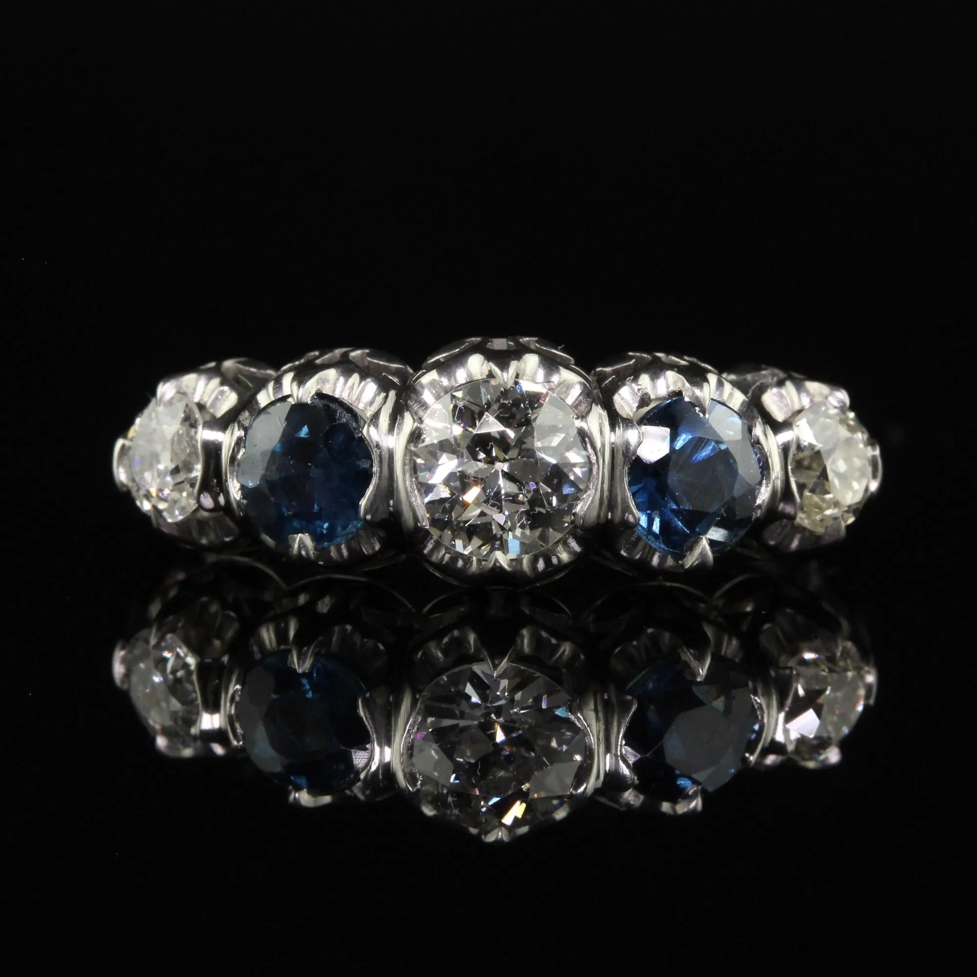 Vintage Retro Platinum Old Euro Diamond and Sapphire Five Stone Ring - GIA