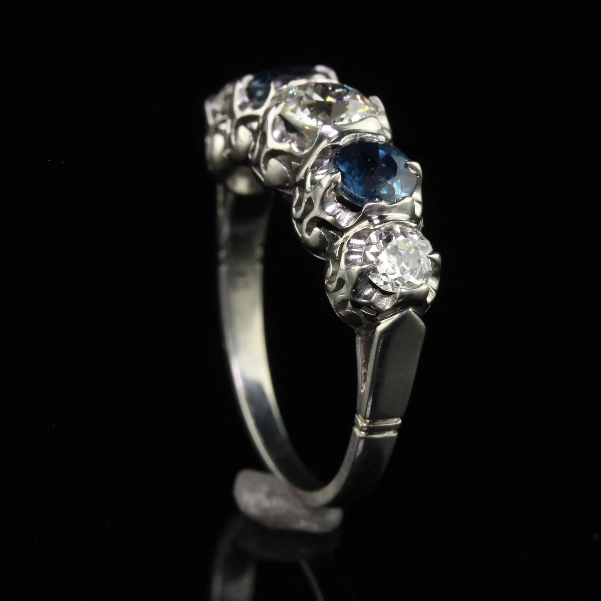 Vintage Retro Platinum Old Euro Diamond and Sapphire Five Stone Ring - GIA