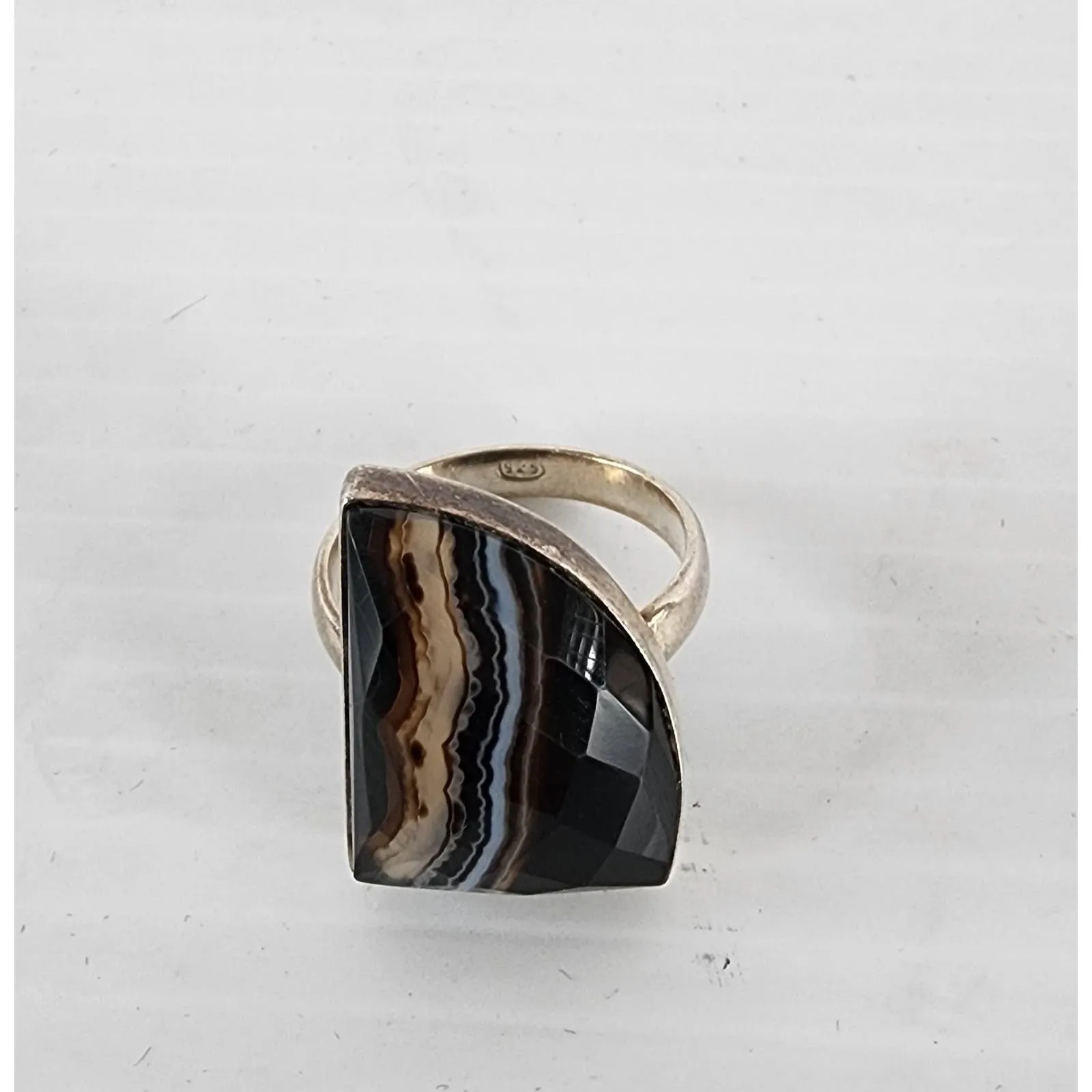 Vintage Ring Striped Onyx Sterling Silver Size 8