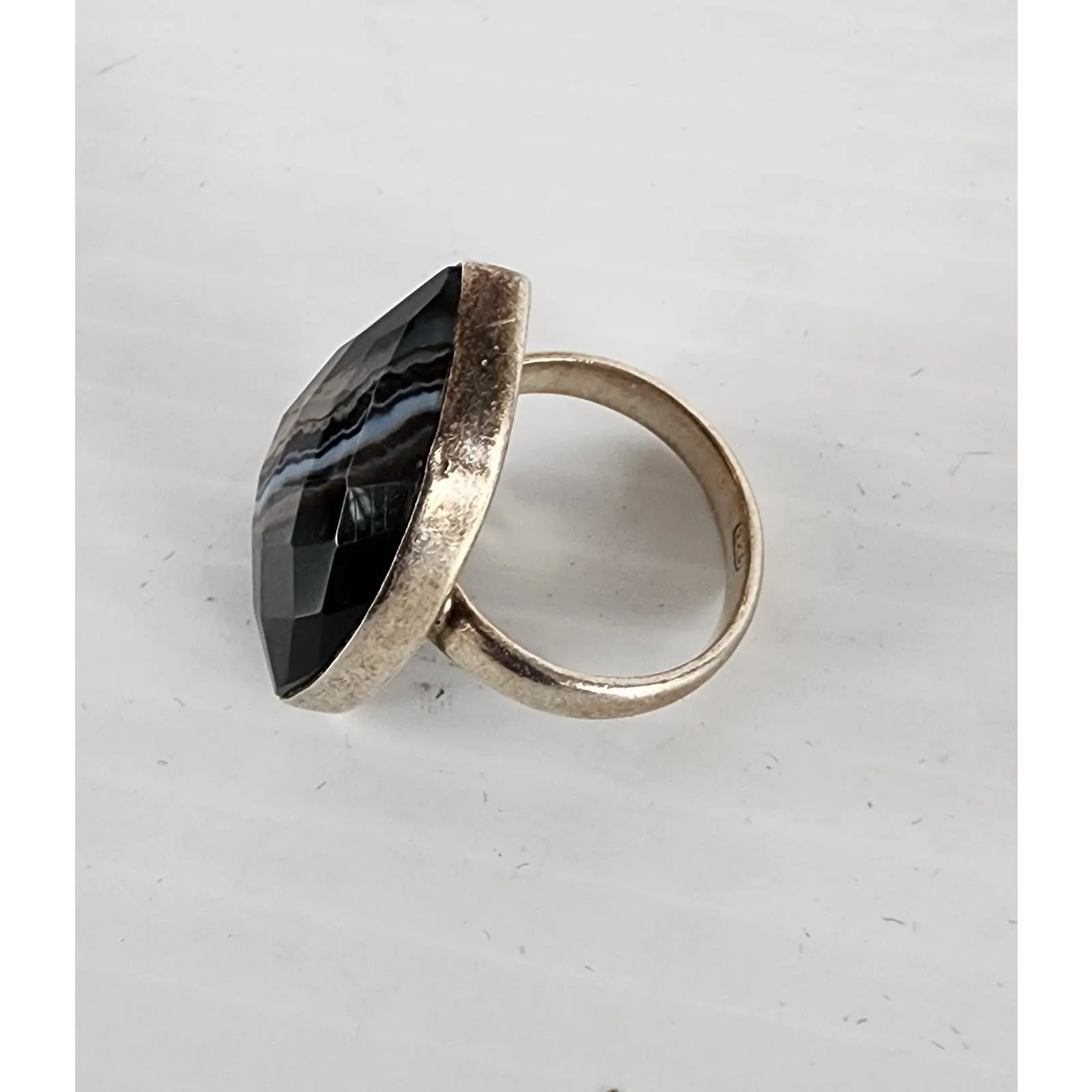 Vintage Ring Striped Onyx Sterling Silver Size 8