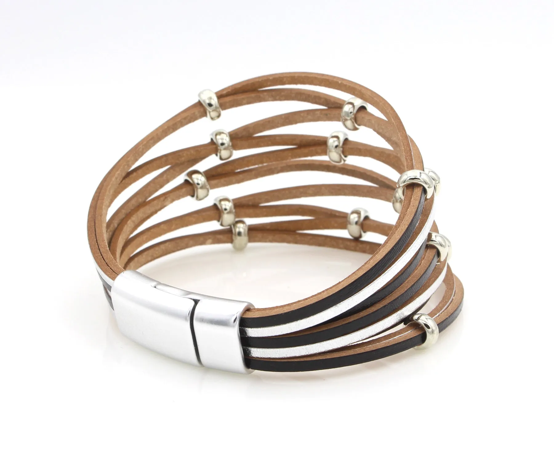 Weave Black Silver Beaded Leather Bracelet