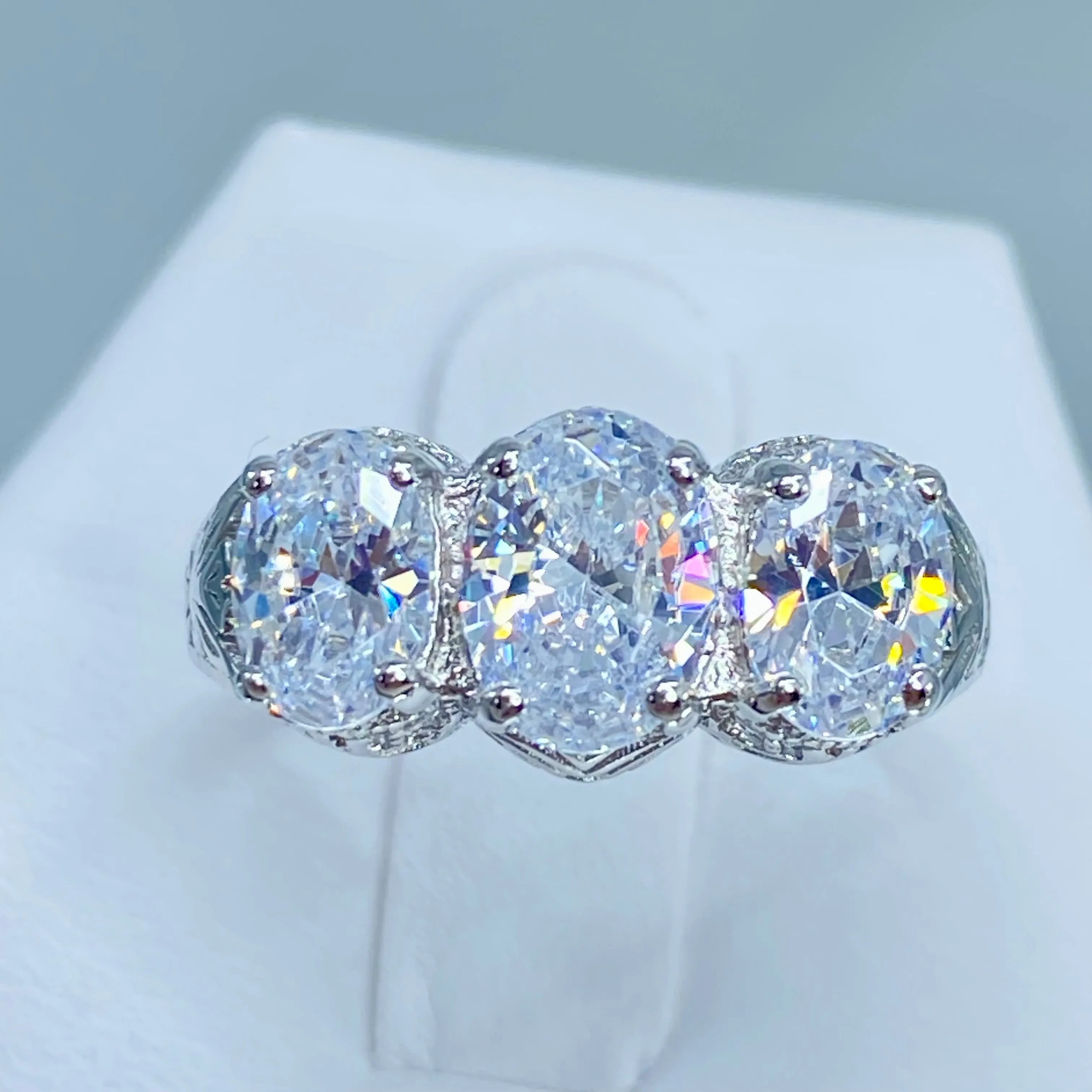 White CZ Ring, Size 7 Ring, 3 Gem Retro White Gold plated Jewelry #D41 - Ready to Ship