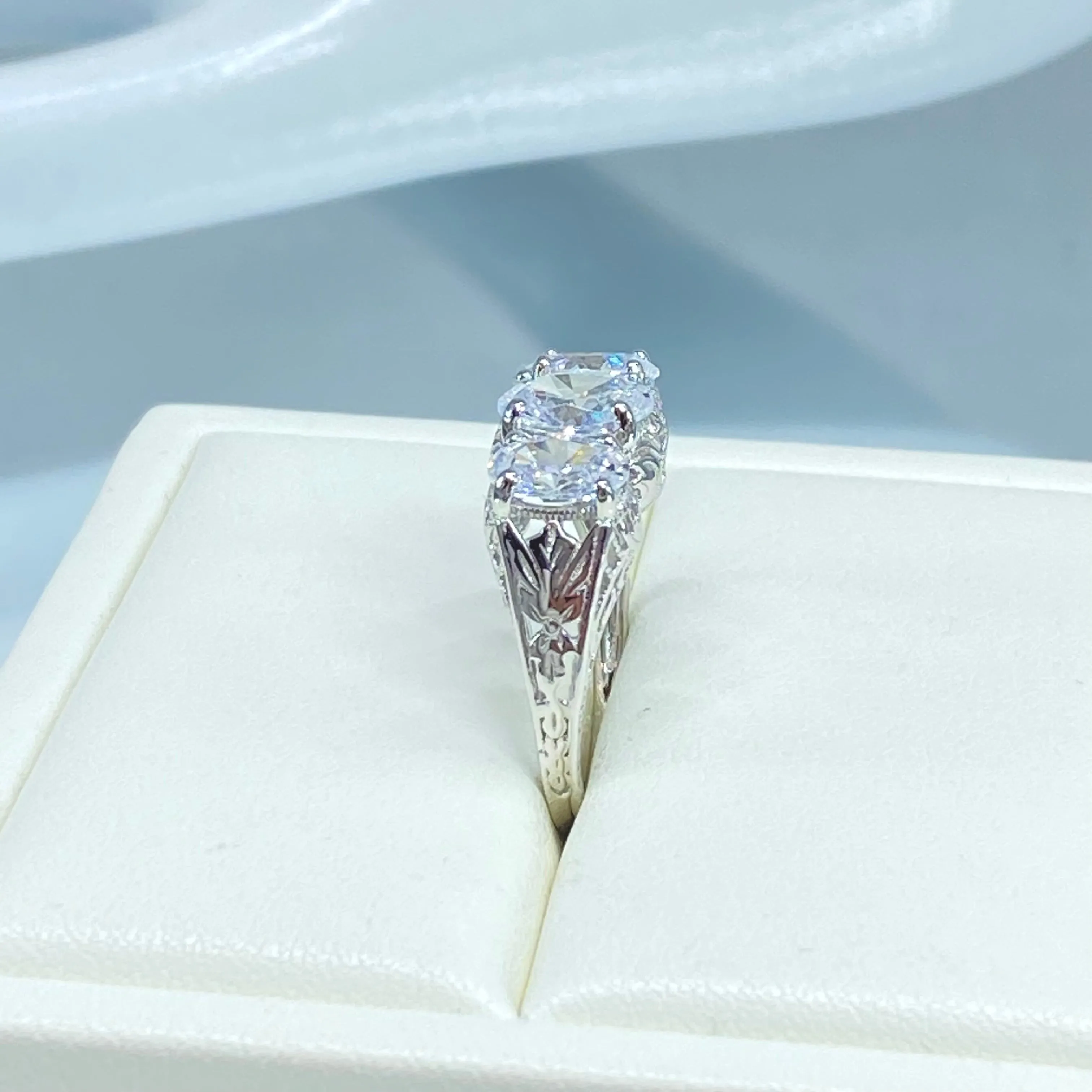 White CZ Ring, Size 7 Ring, 3 Gem Retro White Gold plated Jewelry #D41 - Ready to Ship