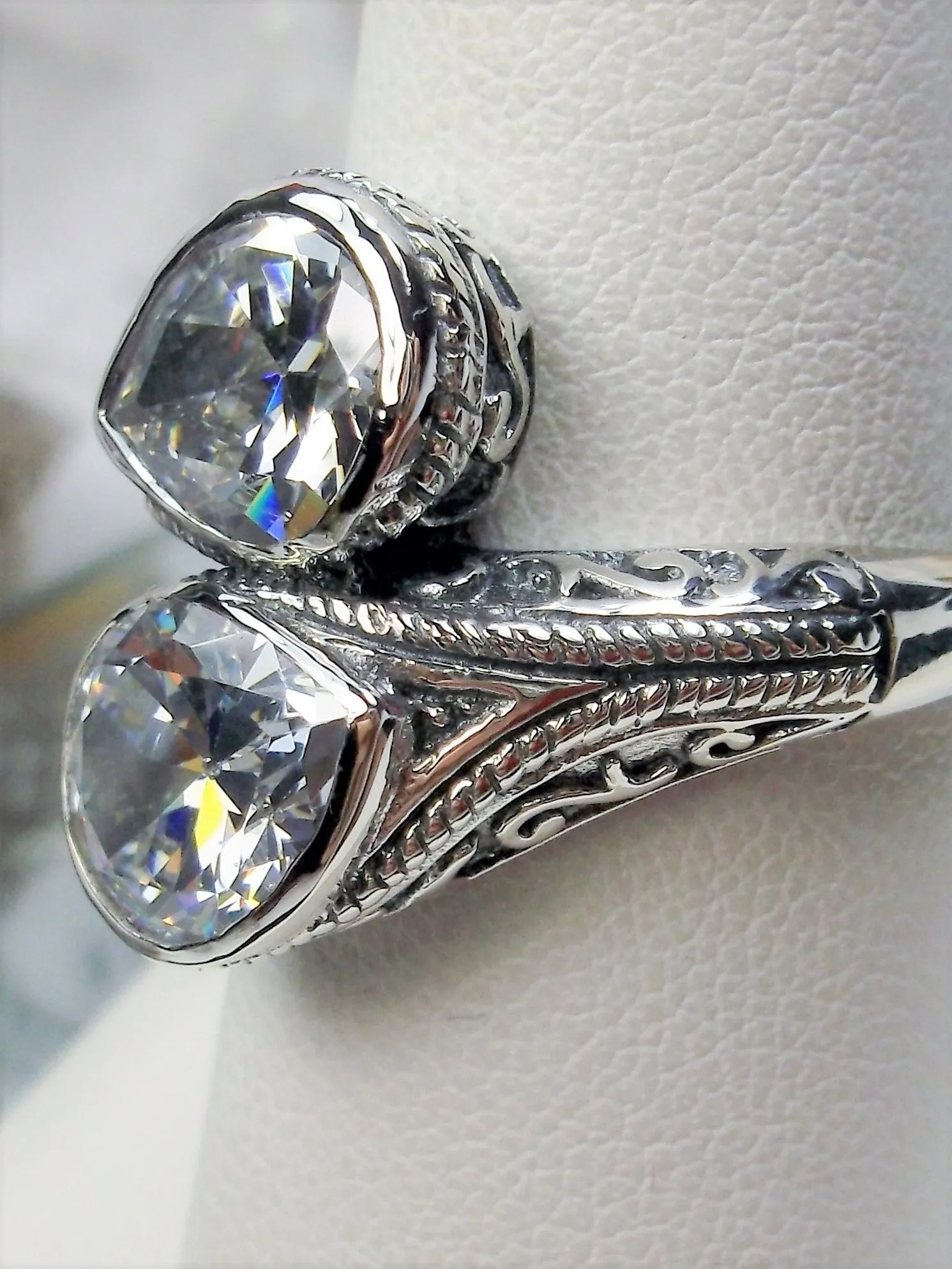 White CZ Ring, Teardrop Swirl Snake Eye, Art Deco Jewelry #D221