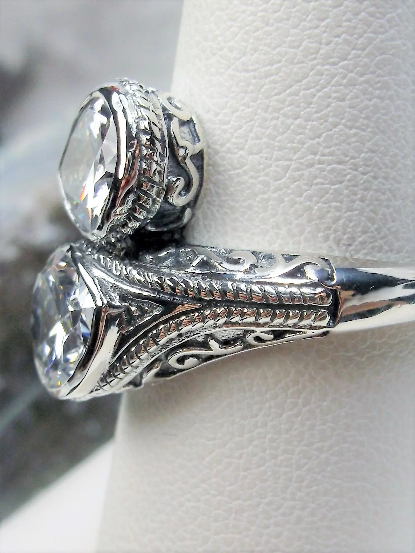 White CZ Ring, Teardrop Swirl Snake Eye, Art Deco Jewelry #D221