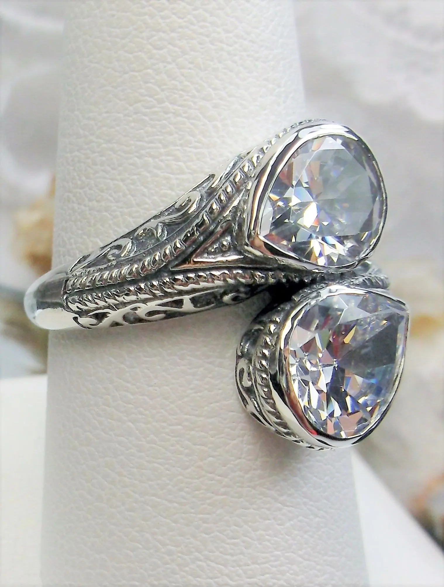White CZ Ring, Teardrop Swirl Snake Eye, Art Deco Jewelry #D221