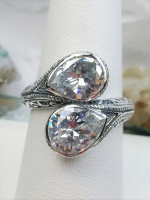 White CZ Ring, Teardrop Swirl Snake Eye, Art Deco Jewelry #D221