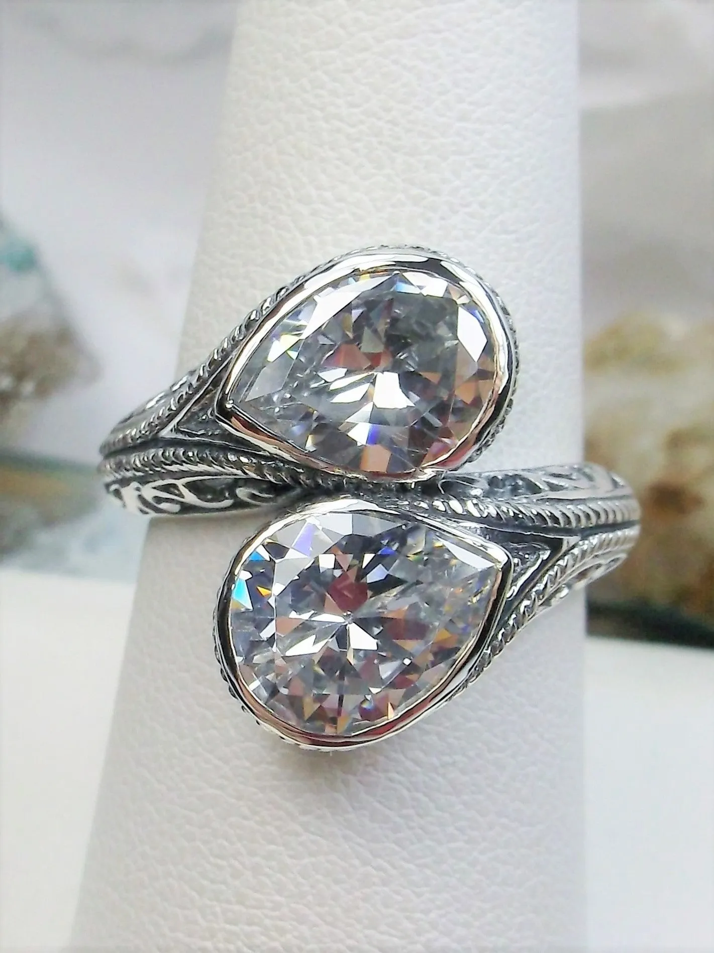 White CZ Ring, Teardrop Swirl Snake Eye, Art Deco Jewelry #D221