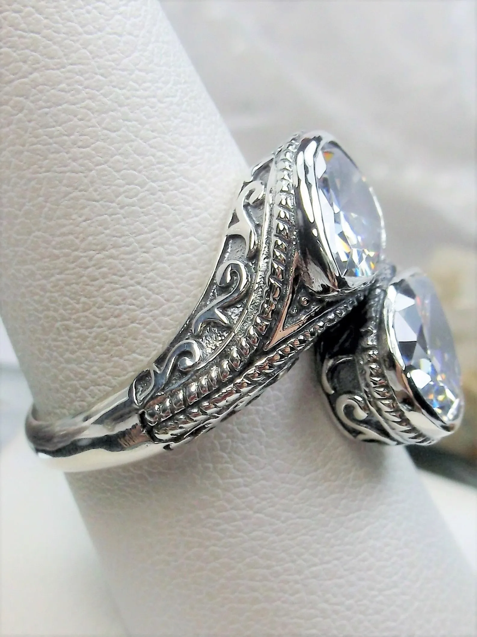 White CZ Ring, Teardrop Swirl Snake Eye, Art Deco Jewelry #D221