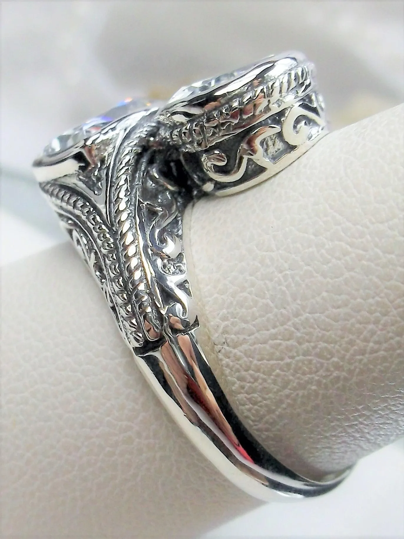 White CZ Ring, Teardrop Swirl Snake Eye, Art Deco Jewelry #D221