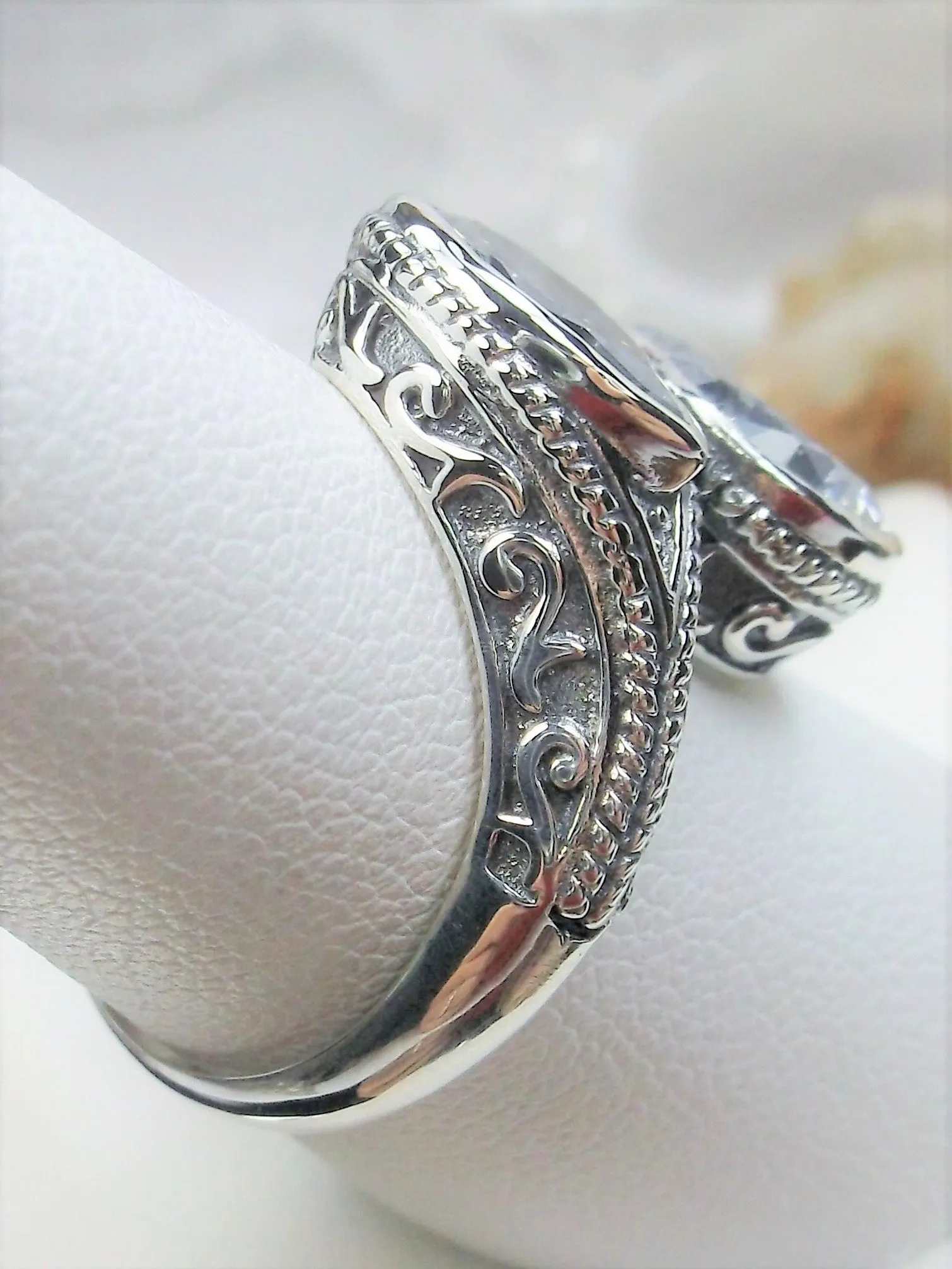 White CZ Ring, Teardrop Swirl Snake Eye, Art Deco Jewelry #D221