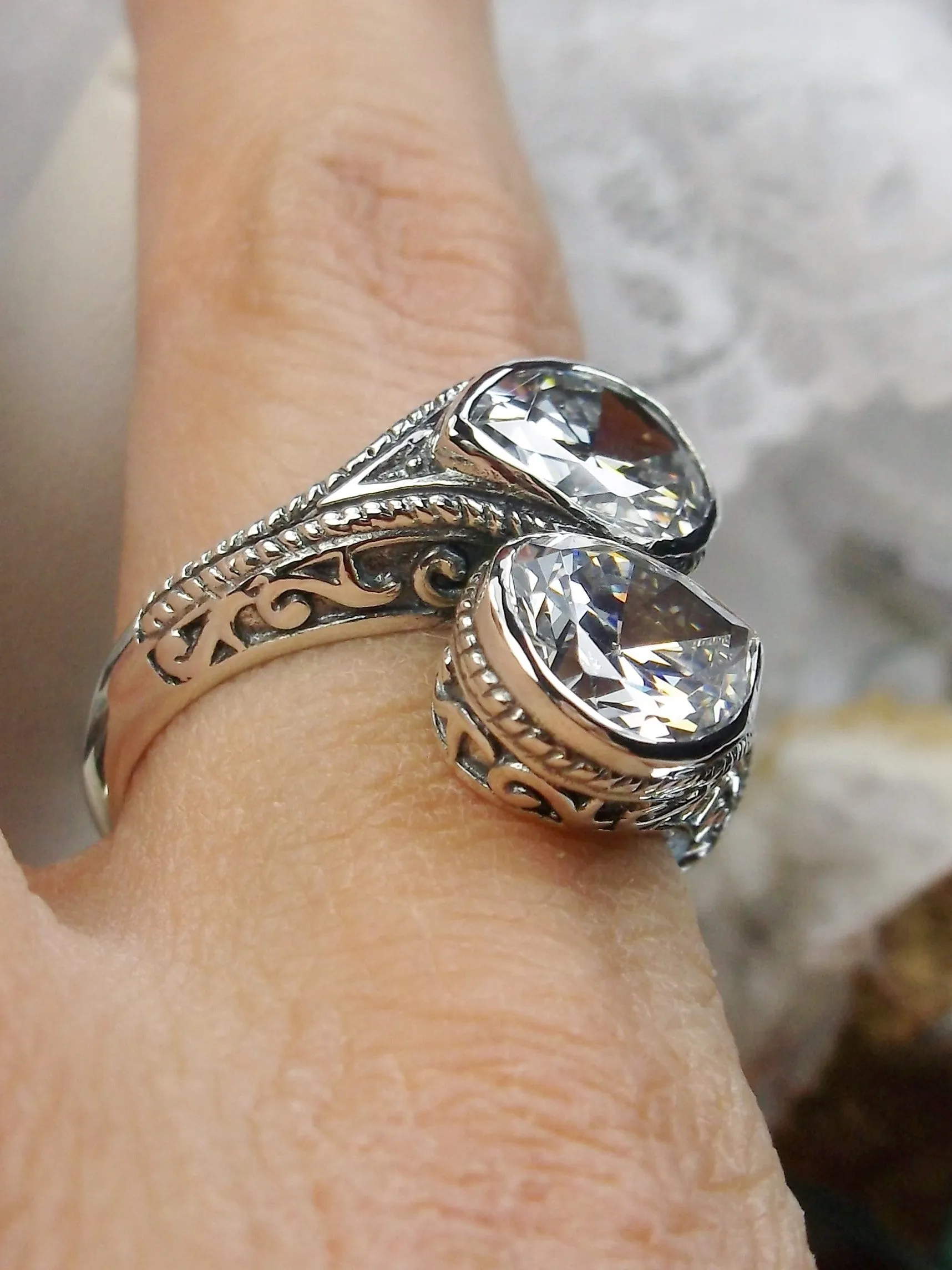 White CZ Ring, Teardrop Swirl Snake Eye, Art Deco Jewelry #D221