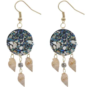 White Gold Beaded Seashell Felt Dangle Earrings