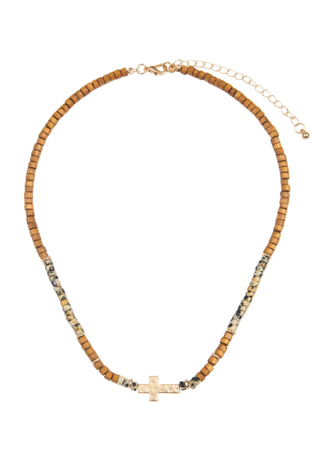 WOOD, NATURAL STONE , CROSS PENDANT NECKLACE