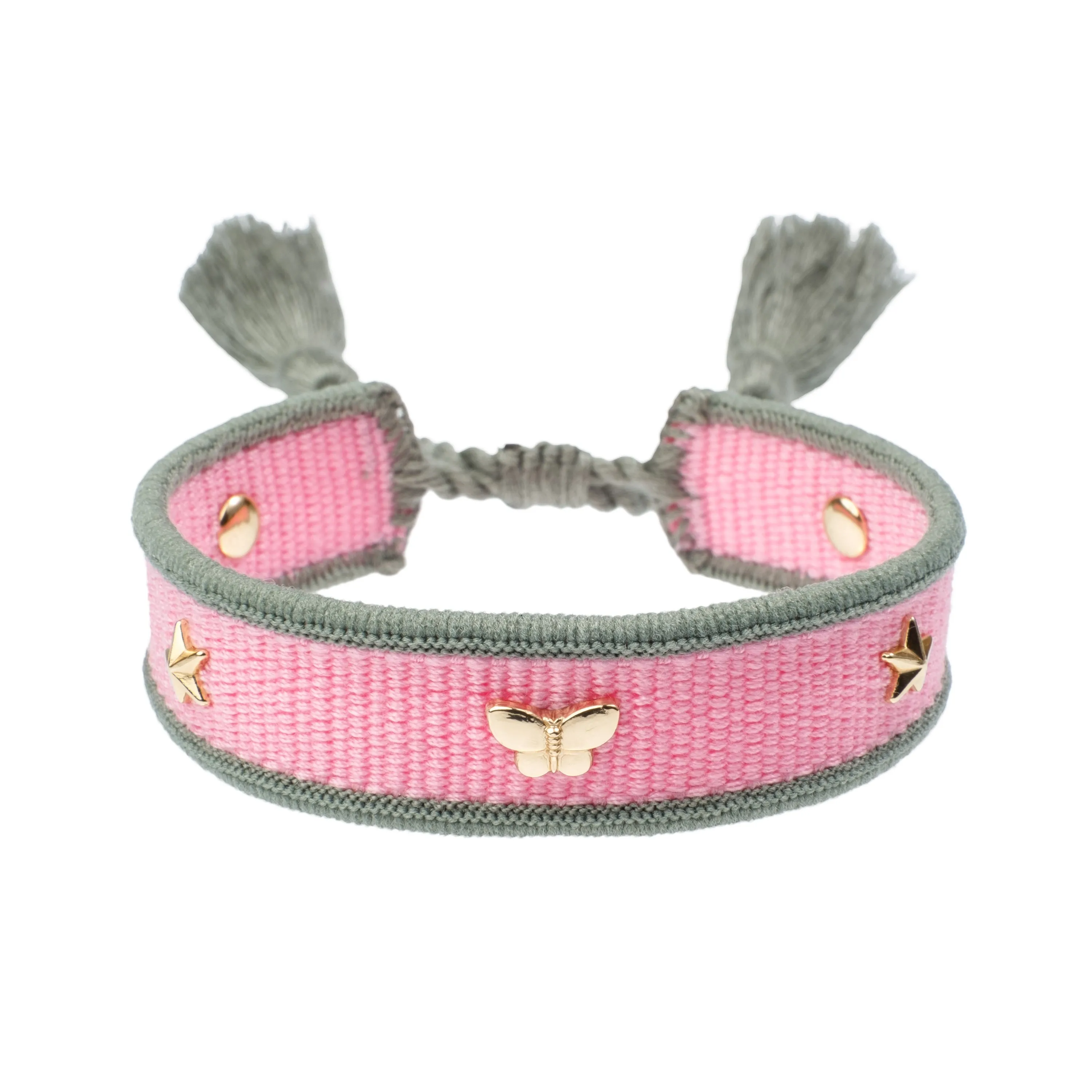 WOVEN FRIENDSHIP BRACELET THIN W/SIGN STUDS Bubblegum Pink & Milieu Green