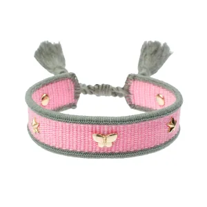 WOVEN FRIENDSHIP BRACELET THIN W/SIGN STUDS Bubblegum Pink & Milieu Green