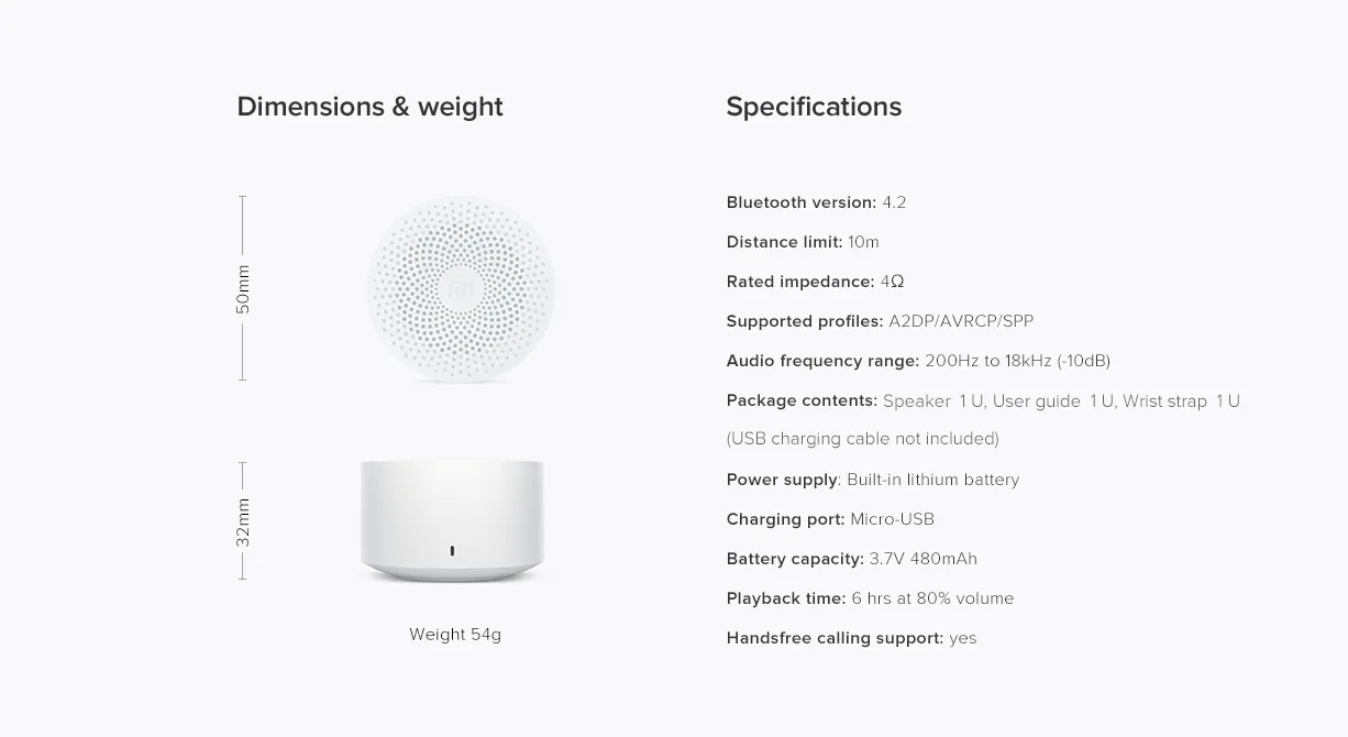 Xiaomi Mi Compact Bluetooth Speaker 2 Bluetooth Version 4.2 , 480 mAh
